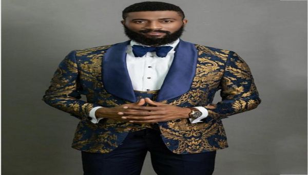 

navy blue with gold pattern groom tuxedos shawl lapel weddingpromdinner classic style men business suits blazer sets jacketpan5589916, Black;gray