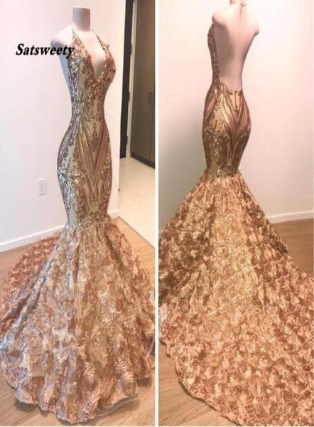 

african gold prom dresses mermaid halter v neck 3d flowers sleeveless evening dress long arabic dubai party gowns2832560, Black