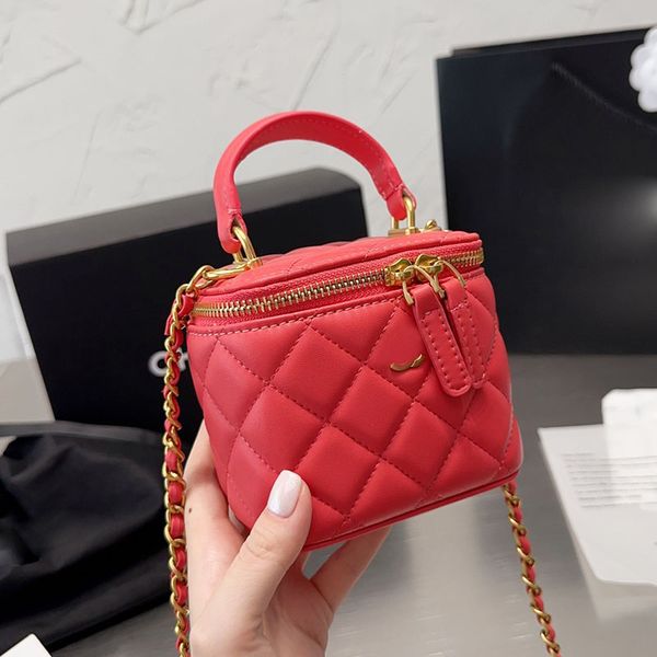 

7 colors handle women designer vanity box bag cosmetic case purse aged gold metal hardware real leather matelasse chain crossbody shoulder h