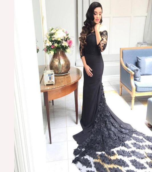 

elegant offtheshoulder black mermaid prom dresses with long flowers tail 34 long sleeve lace formal party gown zipper back6502950