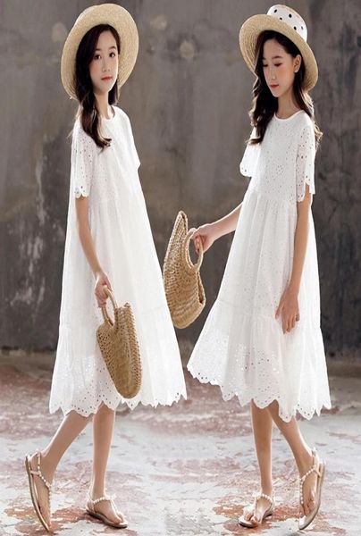 

big girls lace hollow embroidery dresses 2021 summer children white jacquard falbala short sleeve dress old kids cotton princess c8419034, Red;yellow