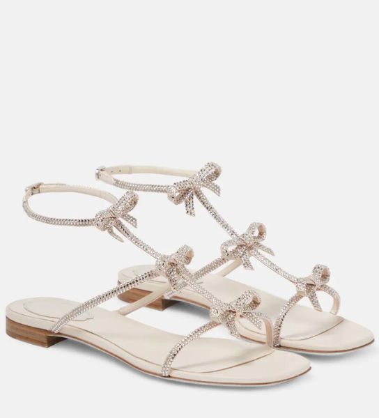 

luxury lady pumps rc bow-detail flat sandal rhinestone crystal-embellished satin sandals ankle strap square open toe cool style with box 35-, Black