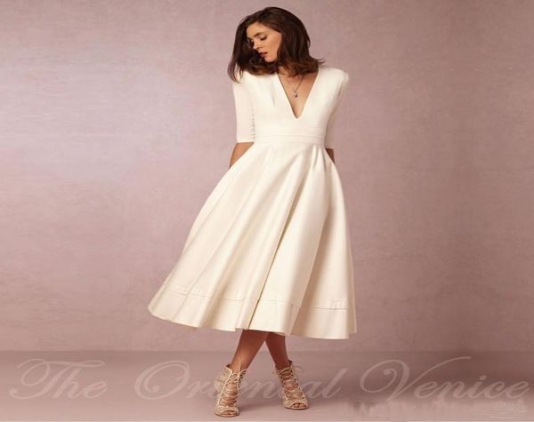 

vintage wedding gowns 1950039s tea length short wedding dresses with sleeves deep v neck ivory summer beach bridal gown5953609, White