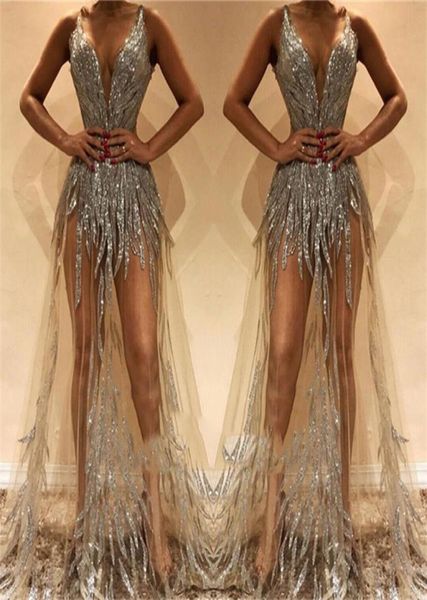 

silver formal cocktail dresses v neck sequins a line sweep train illusion bodice evening gowns custom made prom dress8965085, Black