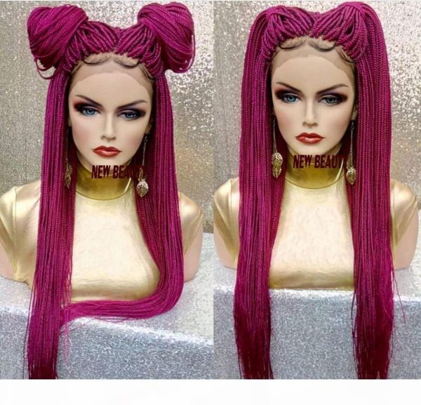 

2019 new pink red braided wigs with baby hair long box braids wigs glueless synthetic lace front wigs for black women heat resista5510661