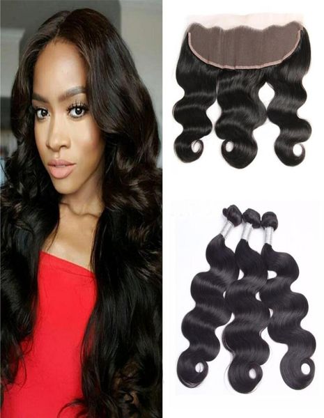 

brazilian body wave human hair weaves 3 bundles with 13x4 transparent lace frontals preplucked natural hairline8631915, Black