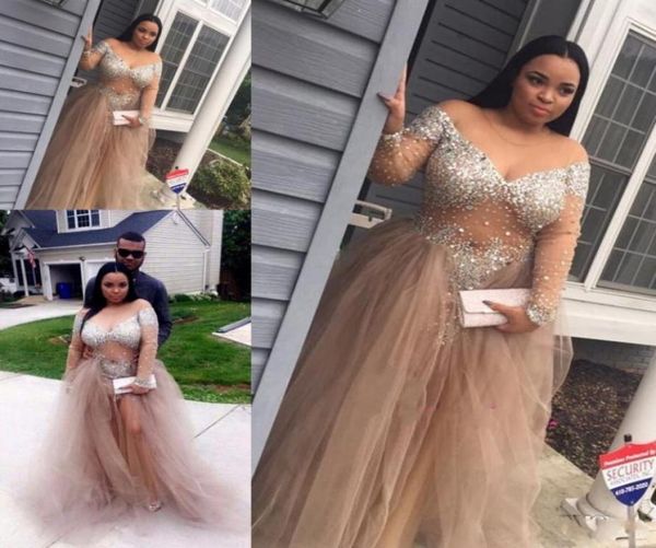 

sparkle crystal prom dresses long sleeves jewel illusion bodice puffy skirt latest gown design plus size party dress evening wear8670449, Black