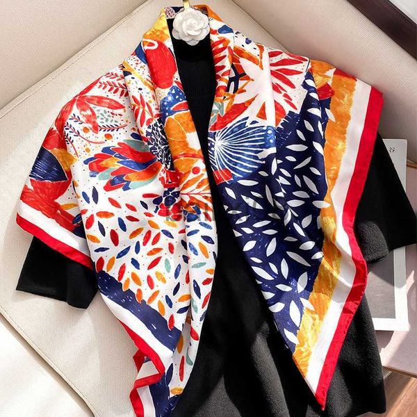 

scarves 2023 women brand designer scarf fashion oil painting aztec silk scarves square small handkerchief neck snood bag hijab 90*90cm j2307, Blue;gray