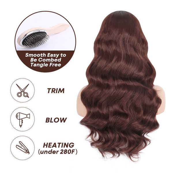 

nxy synthetic body wave lace front wigs reddish brown wig for women omber red lace frontal wig pre plucked with baby hair cosplay 230524, Black;brown