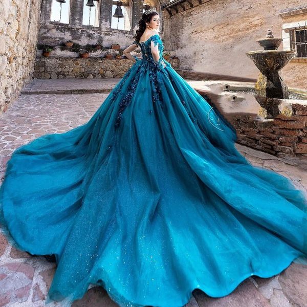 

blackish green shiny quinceanera dresses long sleeved ball gown beaded appliques lace princess sweet 16 vestidos de 15 anos, Blue;red