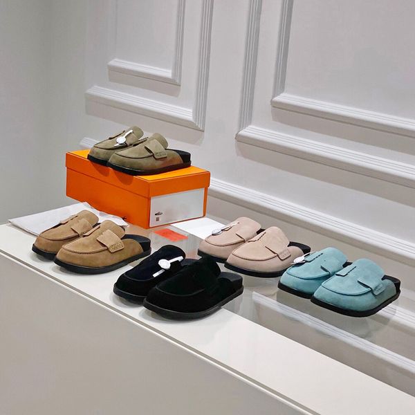 

designer shoes women slippers suede slipper wool mule flat slides fashion leather head half mullers brand sandals lazy sandal 35-40, Black