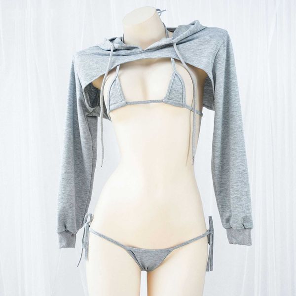 

set lingerie backless hooded long-sleeved sweater small bikini set straps modal mini underwear sethkd230703, Black;white
