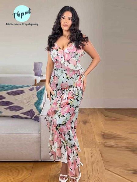 

2023 summer ruffle chiffon dress fashion floral printed irregular camisole dresses elegant backless mesh maxi sling vestidos l230621, Black;gray