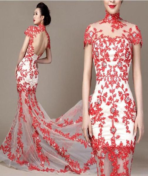 

custom latest charming high neck backless wedding dresses white and red lace bridal mermaid wedding gowns4091654
