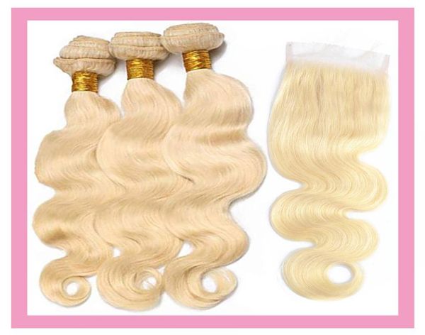 

indian virgin hair blonde human hair with 4x4 lace closure body wave 3 bundles with four by four lace closure 613 color body wave3801396, Black;brown