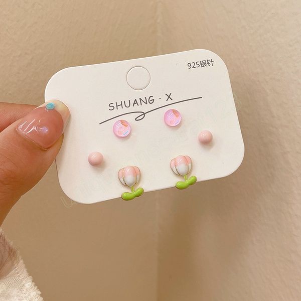 

new silver needle pink white gradient tulip flower stud earrings set for women girls colorful sweet flower earrings gifts