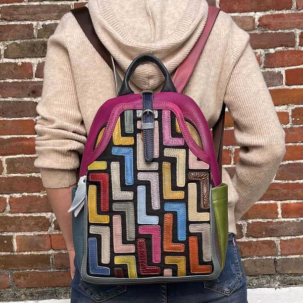 

backpack style fengyan grey wiped color women's bag colorful cowhide 230619