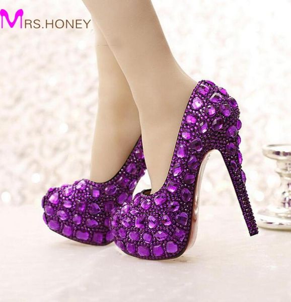 

purple crystal bridal shoes high heel platforms handmade beautiful rhinestone wedding party shoes luxury graudation prom pumps5635695, Black
