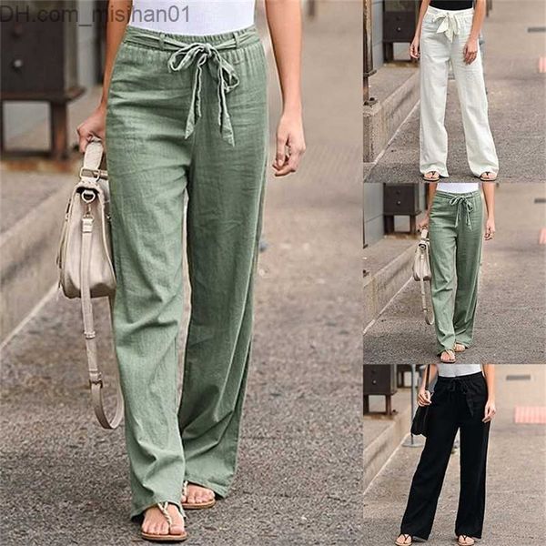 

women's pants capris linen cotton pants women summer solid color elastic waist belt wide leg casual lace up straight pants female loose, Black;white