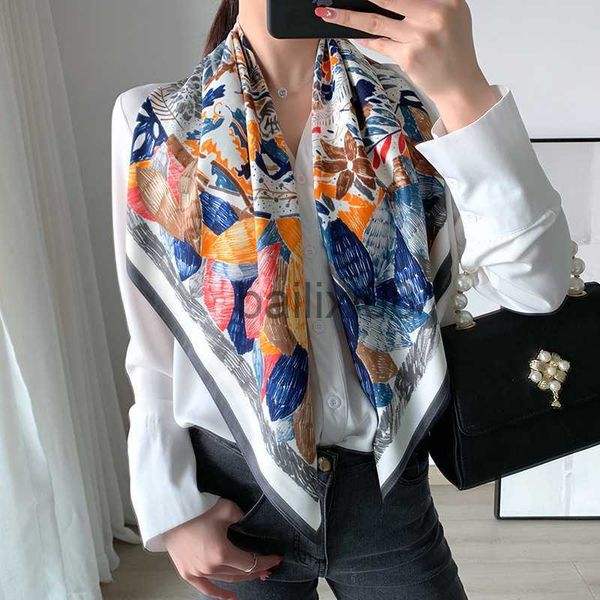 

scarves luxury woman scarf fashion silk square scarf for women90*90cm neck hair tie band designer soft neckerchief hijab foulard en soie j23, Blue;gray