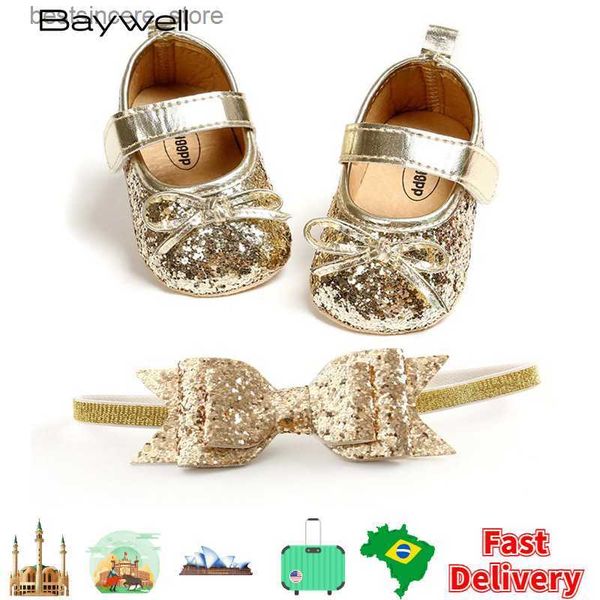 

sequins baby shoes leather toddler baby girl first walkers sets headband bow-knot soft sole hook loop bling shoes for girls l230522