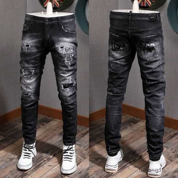 

blue jeans mens 5 pocket patchwork patches stitch detail elastic damage denim pants ripped effect cowboy trousers 11 z61s
