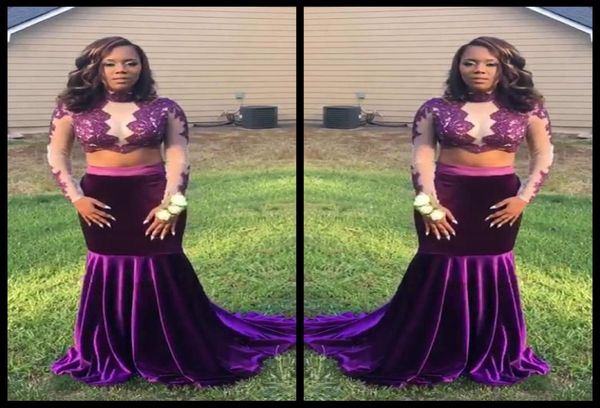 

2018 two piece prom dresses long sleeve purple velvet evening dress long evening gowns lace party dress9945580, Black