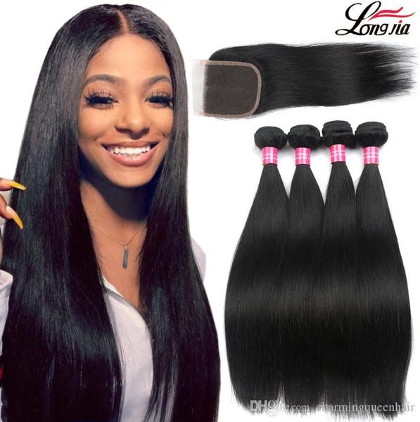 

8a straight hair bundles with closure brazilian virgin human hair with closure 4x4 lace closure with brazilian hair weave bundles9819922, Black;brown