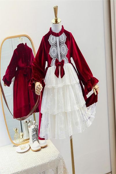 

sweet girls xmas pleuche princess dress winter children ruffle collar long sleeve velvet dress lolita kids lace thicken party dres3768203, Red;yellow