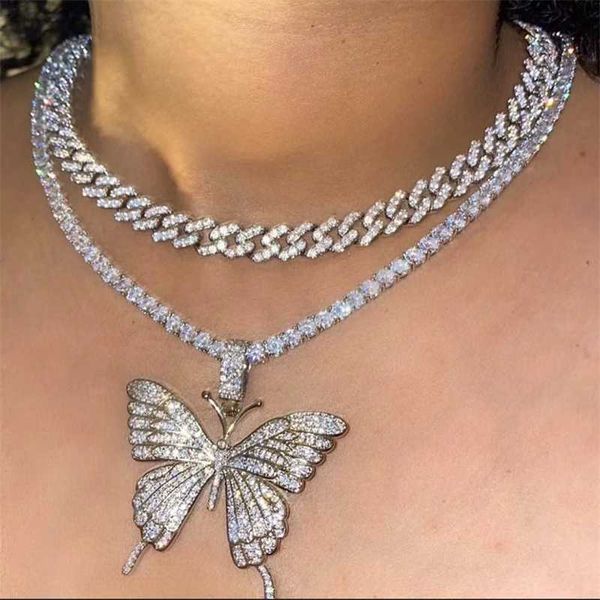 

pendant necklaces caraquet new iced out crystal tennis butterfly necklace for women charm bling miami cuban link chain choker punk jewelry 2, Silver