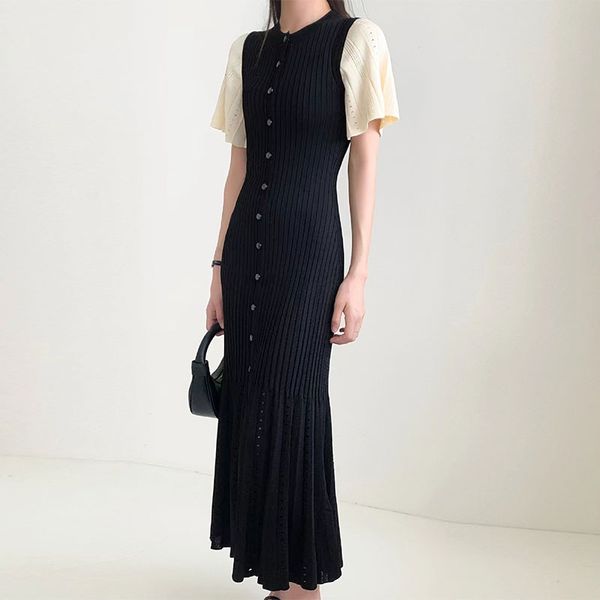 

2023 designer dress women designer clothing contrast short sleeve temperament long hollow knit slim fit fishtail french dress long gowns for, Black;gray