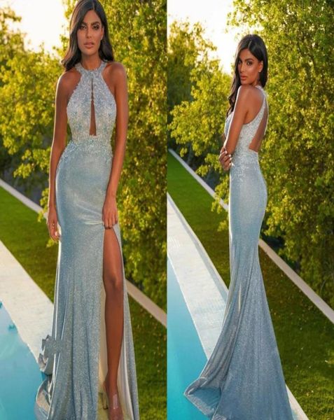 

fabulous halter sequins light blue lace mermaid evening dresses keyhole neck thigh split black girls prom graduation gowns6582306