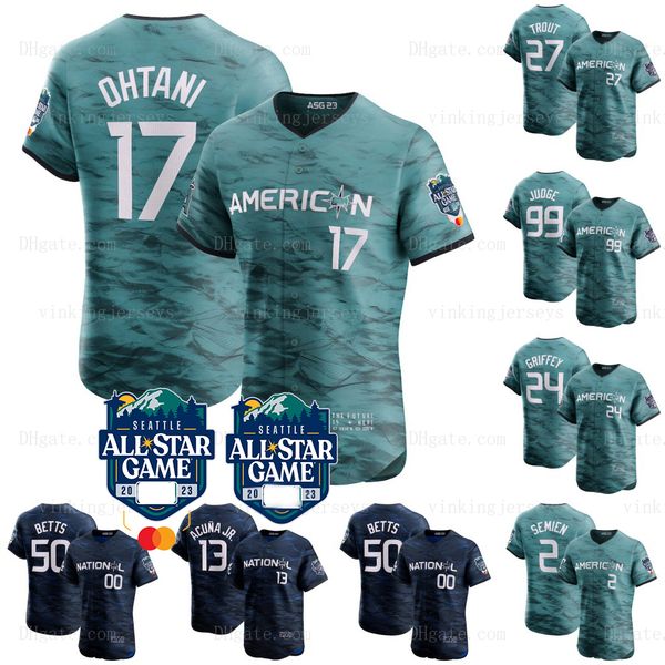 

2023 all star baseball jerseys 99 aaron judge 11 rafael devers 25 byron buxton 17 shohei ohtani 27 mike trout marcus semien 13 ronald acuna, Blue;black