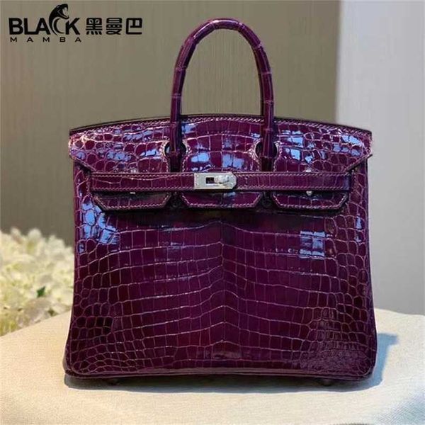

designer birkins h ermeess crocodile leather handmade black high gloss nile three piece 25cm grape purple silver buckle fashionqq with logo