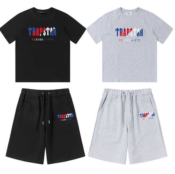 

men's t-shirts tracksuits stock trapstar t-shirt embroidery flocking letter men women t shirt set shorts suitmen's summer suit, Gray