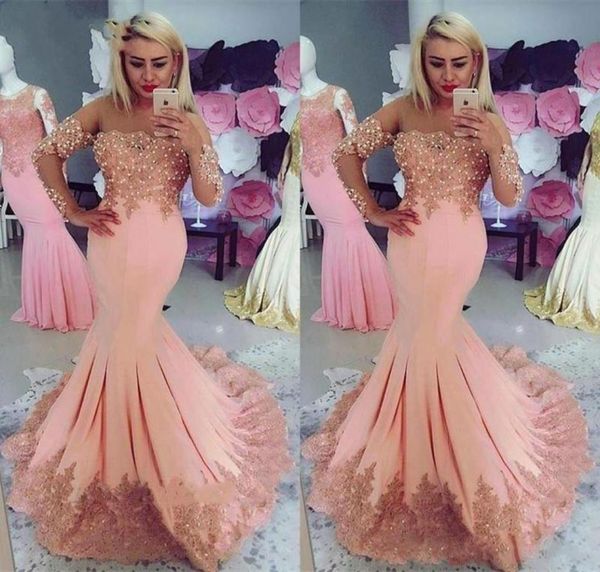 

pink mermaid long sleeve prom dresses crystal lace ruffle formal evening gowns sheer neck zipper back sweep train cocktail dresses5670613, Black