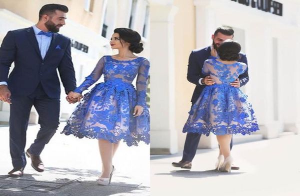 

knee length long sleeves prom dresses saudi arabic royal blue lace short party dresses custom made plus size evening gowns3270578, Black