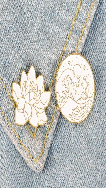 

lotus wave round badge brooch seaside wave star moon ocean plant enamel pin hat coat lapel brooch neutral japanese gifts8832032, Blue