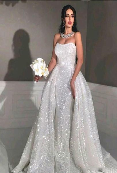 

full sequins plus size overskirt country bridal gown glitter mermaid style arabic wedding dresses with detachable train strapless 9814111, White