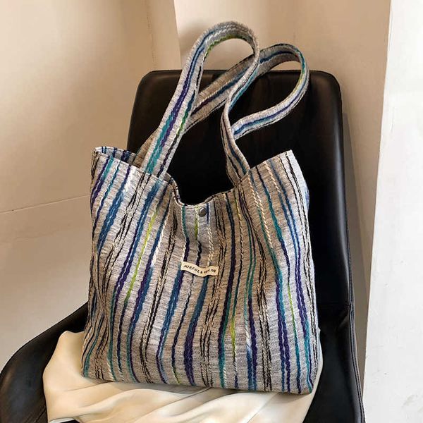 

small french canvas stripe women's bag senmeng fashion commuter handheld shopping bag simple bucket bag