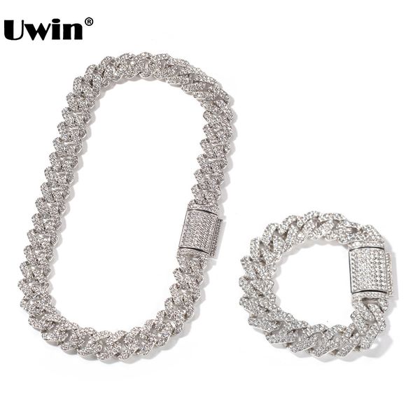 

earrings necklace uwin 18mm zinc alloy miami cuban chain necklace/bracelet set for men iced out bling rhinestones hip hop jewelry drop 23070, Silver