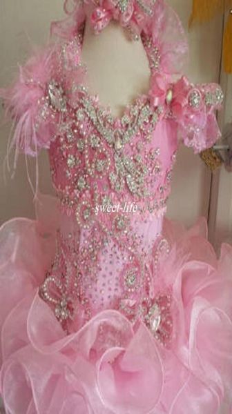 

2019 fashion pink ball gown ruffle girls pageant dresses luxury bead crystal fur feather glitz kids birthday party gowns flower gi3565709, White;red