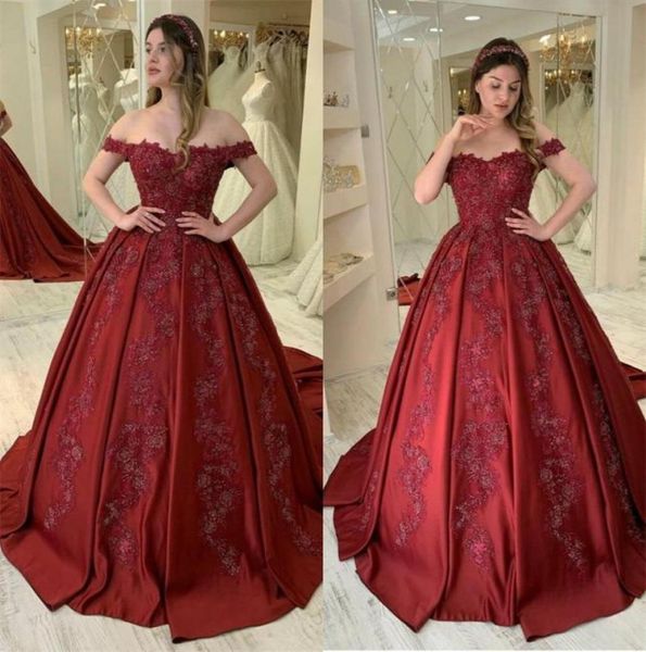 

dark red ball gown evening dresses offshoulder sleeveless appliqued lace ruched satin formal prom dress custom made party gowns p2454838, Black;red