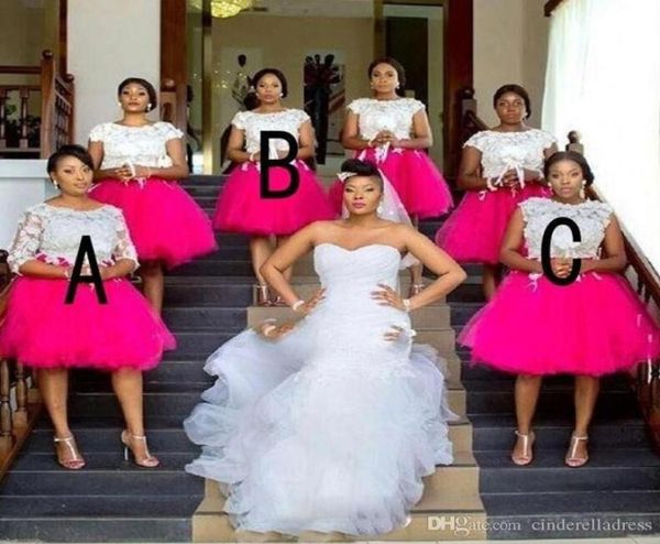 

2020 fuchsia african plus size bridesmaid dresses short capped sleeves with lace applique wedding guest dresses kneelength cockta5729109, White;pink