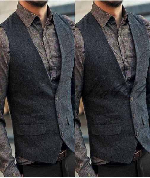 

2019 dark grey wool herringbone tweed vests custom made mens suit vest slim groom vests vintage wedding vest plus size british wai4176586, Black