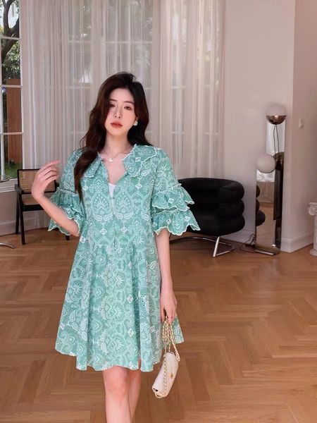 

auth new maje2 hollow hook flower ruffle edge doll neck dress, Black;gray