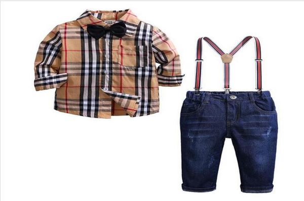 

spring autumn baby boys clothing set gentleman suit kids long sleeve plaid shirtstraps jeans pant children outfits9922705, White