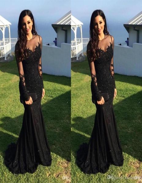 

2019 arabic jewel evening dresses neck illusion lace appliques crystal beaded black mermaid long sleeves formal party dress p1399137, Black;red