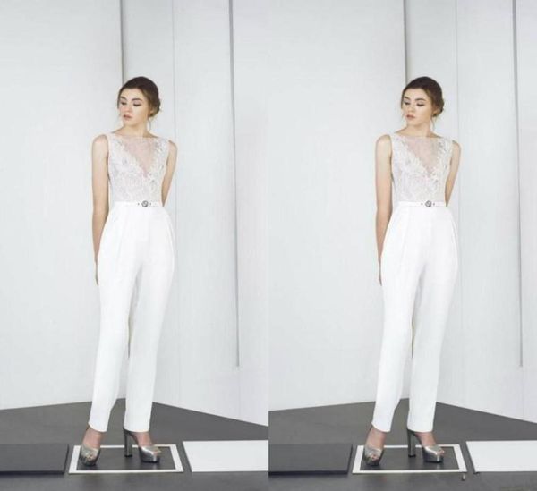 

2021 white jumpsuit wedding dresses with sash lace appliqued boho bridal gowns satin ankle length country wedding dress vestidos d2335526