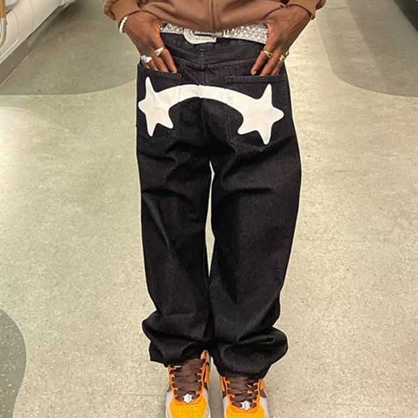 

men s shorts jeans 2023 hip hop street star print dark black y2k retro design casual low waist loose straight ins 230701, White;black